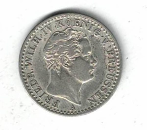 1849 A Germany Prussia Silver One Sixth Thaler Coin. The obverse features the portrait of Friedrich Wilhelm IV  facing right.