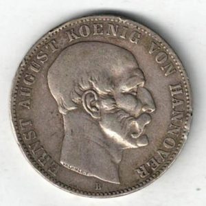 1849 B Germany Hannover Silver Thaler Coin. The obverse features Ernest August facing right. The reverse features the crowned coat of arms with date below. 