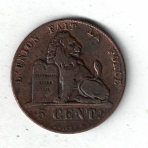 1849 Belgium Copper Five Centimes Coin. The obverse features the royal monogram is surrounded with lettering in French, with the date below.
