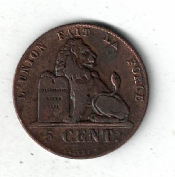 1849 Belgium Copper Five Centimes Coin. The obverse features the royal monogram is surrounded with lettering in French, with the date below.