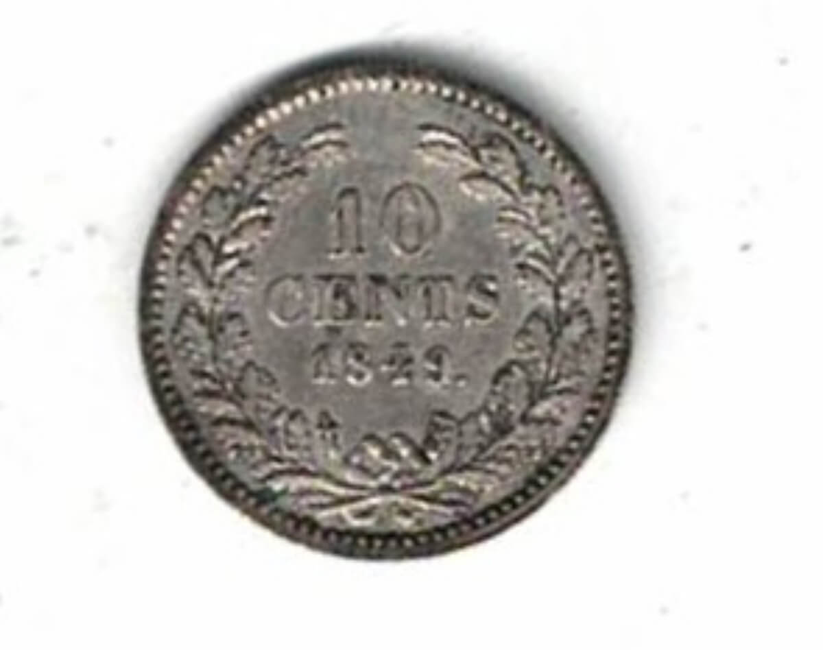 1849. Netherlands Silver Ten Cent Coin. The obverse of this coin features the head of King Willem II facing right left. All coins are in stock.