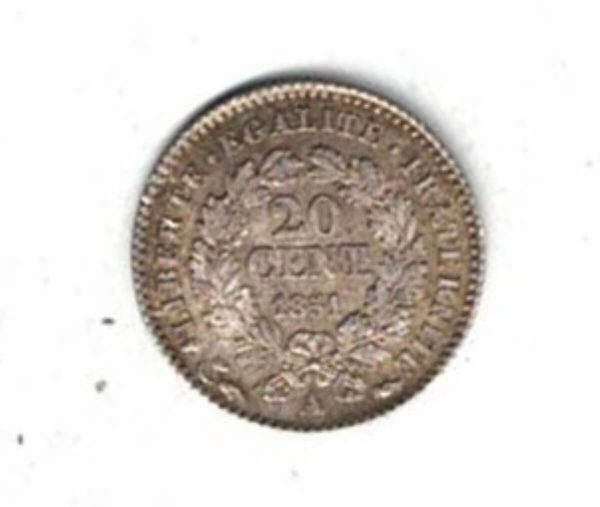 1851 A France Silver Twenty Centimes Coin. The obverse features the bust of the Republic on the left as Ceres, goddess of the harvest.