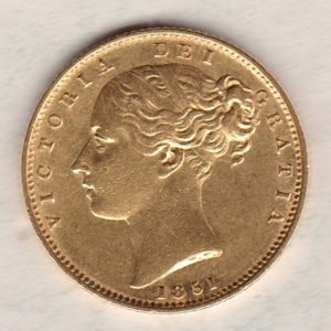 1851 Gold Sovereign Coin. The coin features a young head queen Victoria on the Obverse and the collectable shield design on the Reverse.