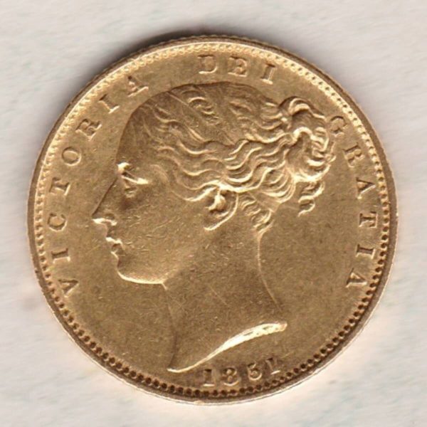 1851 Gold Sovereign Coin. The coin features a young head queen Victoria on the Obverse and the collectable shield design on the Reverse.