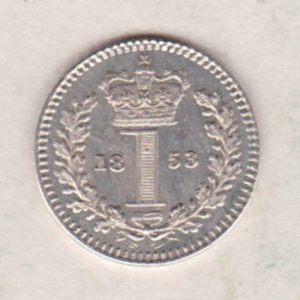 1853 Silver Maundy Penny coin featuring Queen Victoria on the obverse. A central crowned denomination above the date on the reverse.
