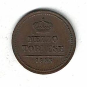 1853 Naples Italy Copper Half Tornese Coin. The obverse side of this coin features the portrait of Ferdinando II Facing right.