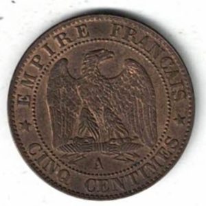 1855 A France Bronze Five Centimes Coin. The obverse features the bust of Napoleon III facing left. The reverse features an eagle facing right.