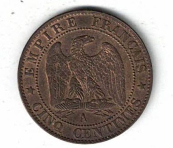 1855 A France Bronze Five Centimes Coin. The obverse features the bust of Napoleon III facing left. The reverse features an eagle facing right.