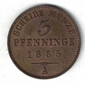 1855 A Germany Copper Three Pfennigs Coin. The obverse features a crowned shield with value. The reverse features the value above the date and mintmark. 