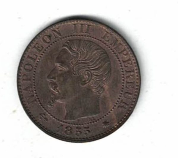 1855 BB France Bronze Five Centimes Coin. The obverse features the bust of Napoleon III facing left. The reverse features an eagle facing right.