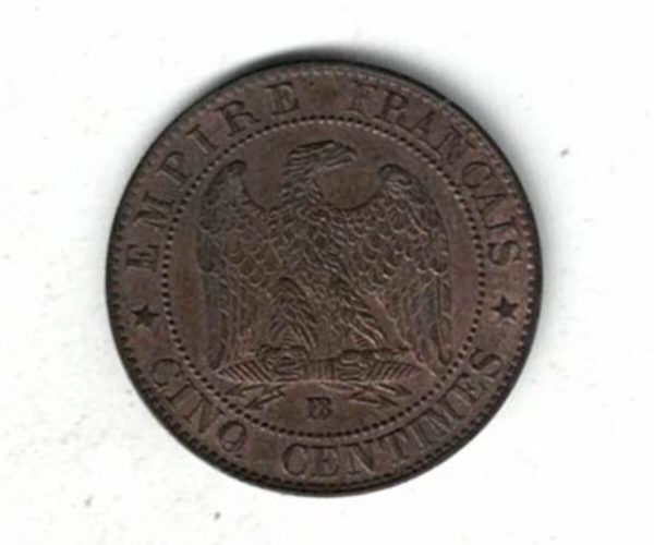 1855 BB France Bronze Five Centimes Coin - Image 2