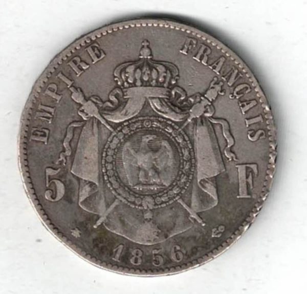 1856 BB France Silver Five Francs Coin. The obverse features Napoleon III facing left. The reverse features a crowned and mantled French arms.