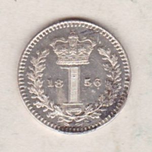 1856 Silver Maundy Penny coin featuring Queen Victoria on the obverse. A central crowned denomination above the date on the reverse.