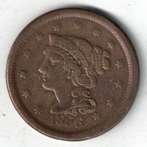 1856 Slanted 5 USA Copper Liberty One Cent Coin. The Obverse features a liberty bust with 13 stars and date below. All coins are in stock.