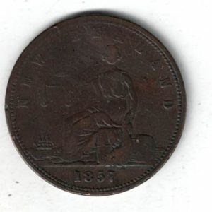 1857 New Zealand Day & Mieville Dunedin Penny Token. The obverse features a female figure seated with scales and a ship. All coins are in stock.