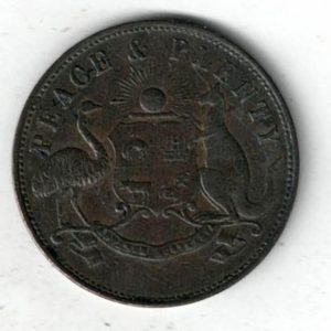 1858 Australia Peace And Plenty Copper Penny Token. The obverse features the Australian arms with rising sun with emu and kangaroo.