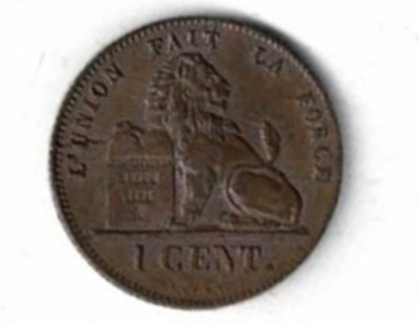1859 Belgium Copper One Centime Coin. The obverse features the royal monogram is surrounded with inscription. All coins are in stock.