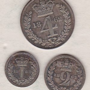 1862 Silver Maundy Three Coin Part Set featuring Queen Victoria on the Obverse. There are three coins in this set, the set is missing the threepence.