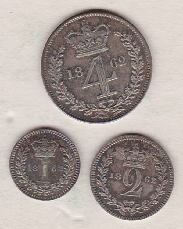 1862 Silver Maundy Three Coin Part Set featuring Queen Victoria on the Obverse. There are three coins in this set, the set is missing the threepence.