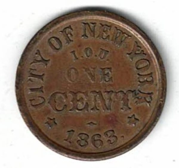 1863 USA Copper One Cent Civil War Token. The Obverse features a liberty head facing left. The reverse features The lettering city of New York.