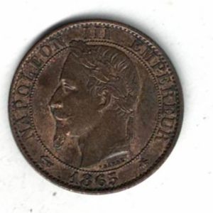 1865 A France Bronze Five Centimes Coin. The obverse features the bust of Napoleon III facing left. The reverse features an eagle facing right.