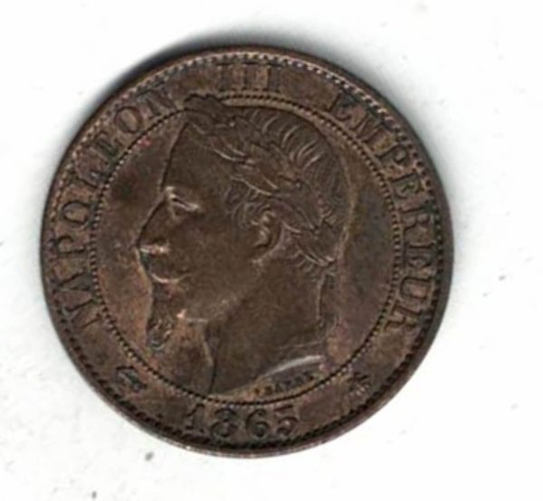 1865 A France Bronze Five Centimes Coin. The obverse features the bust of Napoleon III facing left. The reverse features an eagle facing right.