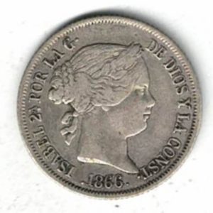 1866 Spain Silver Forty Centimos Coin. The obverse features the bust of Queen Elizabeth II. The reverse features the crowned coat of arms of Spain.