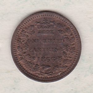 1866 Bronze Third Farthing the portrait of Queen Victoria on the obverse. The reverse shows the crowned value and date within an laurel wreath.