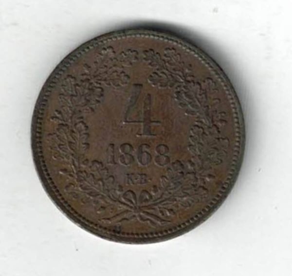 1868 KB Hungary Copper Four Kreuzers Coin. The obverse features the crowned coat of arms. The reverse features the denomination with date. 