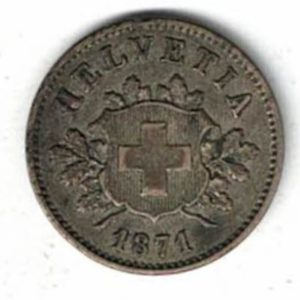 1871 B Switzerland Billon Ten Rappen Coin. The obverse features the coat of arms of Switzerland with shield, acorns and oak branches. 