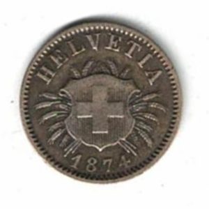 1874 B Switzerland Billon Five Rappen Coin. The obverse features the coat of arms of Switzerland with shield. The reverse features the value,& branches.