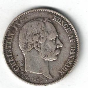 1875 Denmark Silver Two Korner coin featuring Christian IX on the Obverse. The reverse features the Danish Coat Of Arms. All coins are in stock.