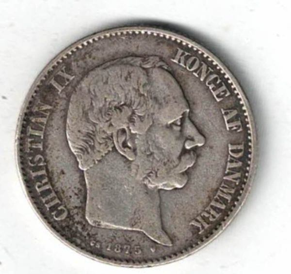 1875 Denmark Silver Two Korner coin featuring Christian IX on the Obverse. The reverse features the Danish Coat Of Arms. All coins are in stock.