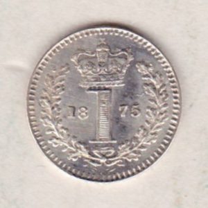 1875 Silver Maundy Penny coin featuring Queen Victoria on the obverse. A central crowned denomination above the date on the reverse.