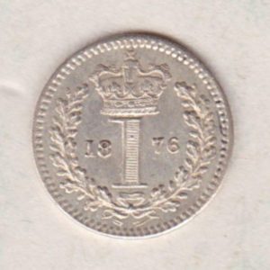 1876 Silver Maundy Penny coin featuring Queen Victoria on the obverse. A central crowned denomination above the date on the reverse.