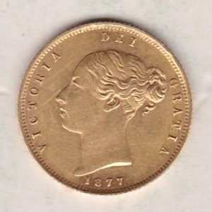 1877 Gold Half Sovereign Coin featuring Queen Victoria Young Head on the Obverse and the shield design on the Reverse with die number 32.
