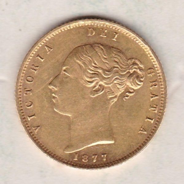 1877 Gold Half Sovereign Coin featuring Queen Victoria Young Head on the Obverse and the shield design on the Reverse with die number 32.
