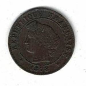 1878 K France Bronze One Centime Coin. The obverse features the laureate head facing left. The reverse the denomination and mint mark.