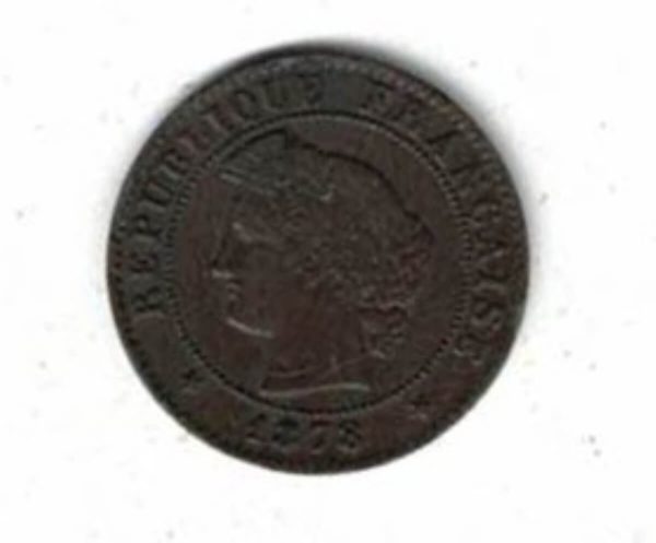 1878 K France Bronze One Centime Coin. The obverse features the laureate head facing left. The reverse the denomination and mint mark.