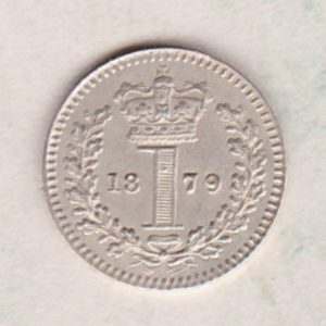 1879 Silver Maundy Penny coin featuring Queen Victoria on the obverse. A central crowned denomination above the date on the reverse.
