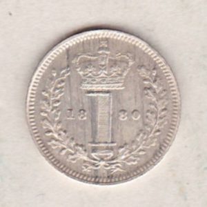 1880 Silver Maundy Penny coin featuring Queen Victoria on the obverse. A central crowned denomination above the date on the reverse.