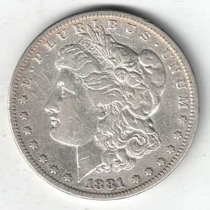1881 S Silver USA Morgan Dollar coin featuring lady liberty on the obverse. The eagle holding arrows and an olive branch on the reverse.
