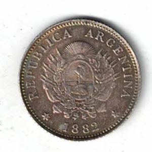 1882 Argentina Silver Twenty Centavos Coin. The obverse features the arms of Argentina with date below. The reverse features a freedom head.