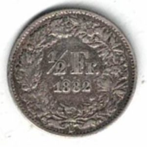 1882 B Switzerland Silver Half Franc Coin. he reverse features the value and date with alpine rose branches tied with a ribbon. 