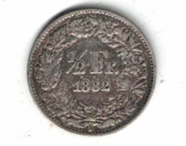 1882 B Switzerland Silver Half Franc Coin. he reverse features the value and date with alpine rose branches tied with a ribbon. 