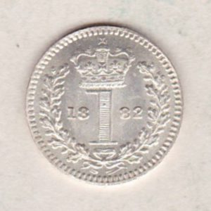 1882 Silver Maundy Penny coin featuring Queen Victoria on the obverse. A central crowned denomination above the date on the reverse.