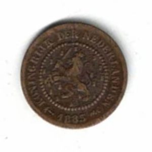 1883 Netherlands Bronze Half Cent Coin. The obverse features a lion holding a sword. The reverse features a wreath with denomination. 