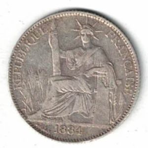 1884 A French Cochinchina Silver Twenty Cents Coin. The obverse features Liberty seated left. The reverse the value within wreath.