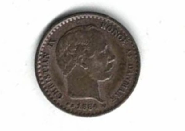 1884 Denmark Silver Ten Ore Coin. The obverse features the portrait of Portrait of Christian IX facing right. The reverse features the value with a porpoise