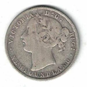 1885 Newfoundland Canada Silver 20 Cent Coin. The obverse features Queen Victoria. The reverse features the value and date within a wreath.